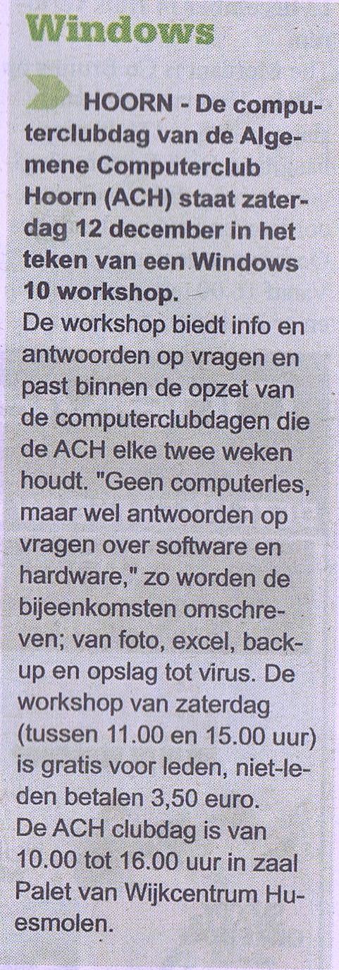ACH Computerclub Hoorn Windows 10 workshop december 2015