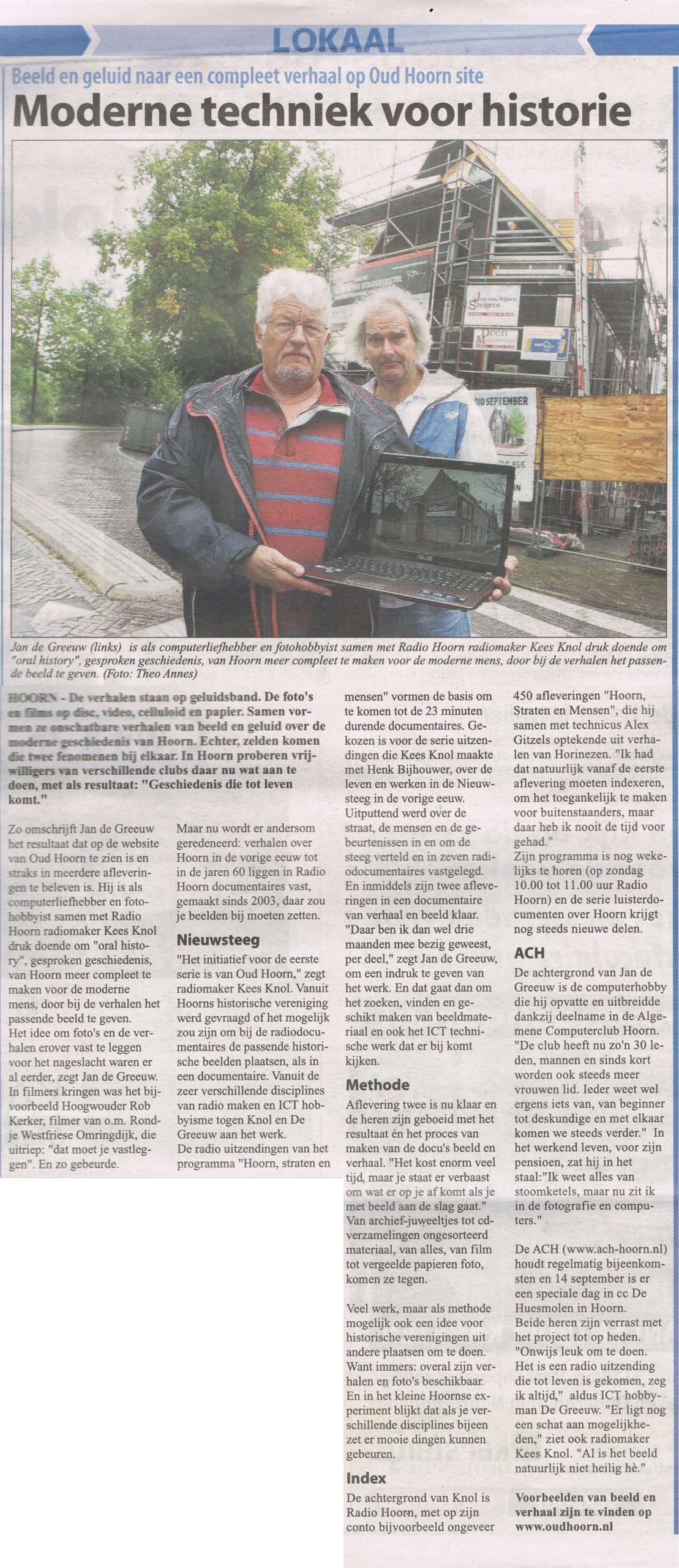 Krantenartikel over samenwerking ACH Computerclub Hoorn met Oud Hoorn, 2014